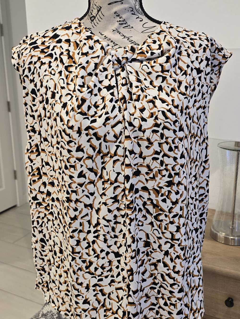 Roxy Sleeveless Tie-Neck Blouse - White, Black & Brown